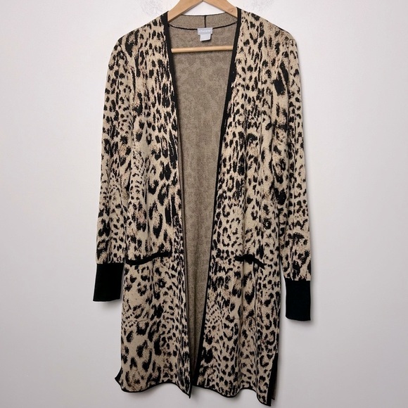 Chico’s Leopard Animal Print Longline Open Front Cardigan Pockets Chico's 1  M - Picture 1 of 12